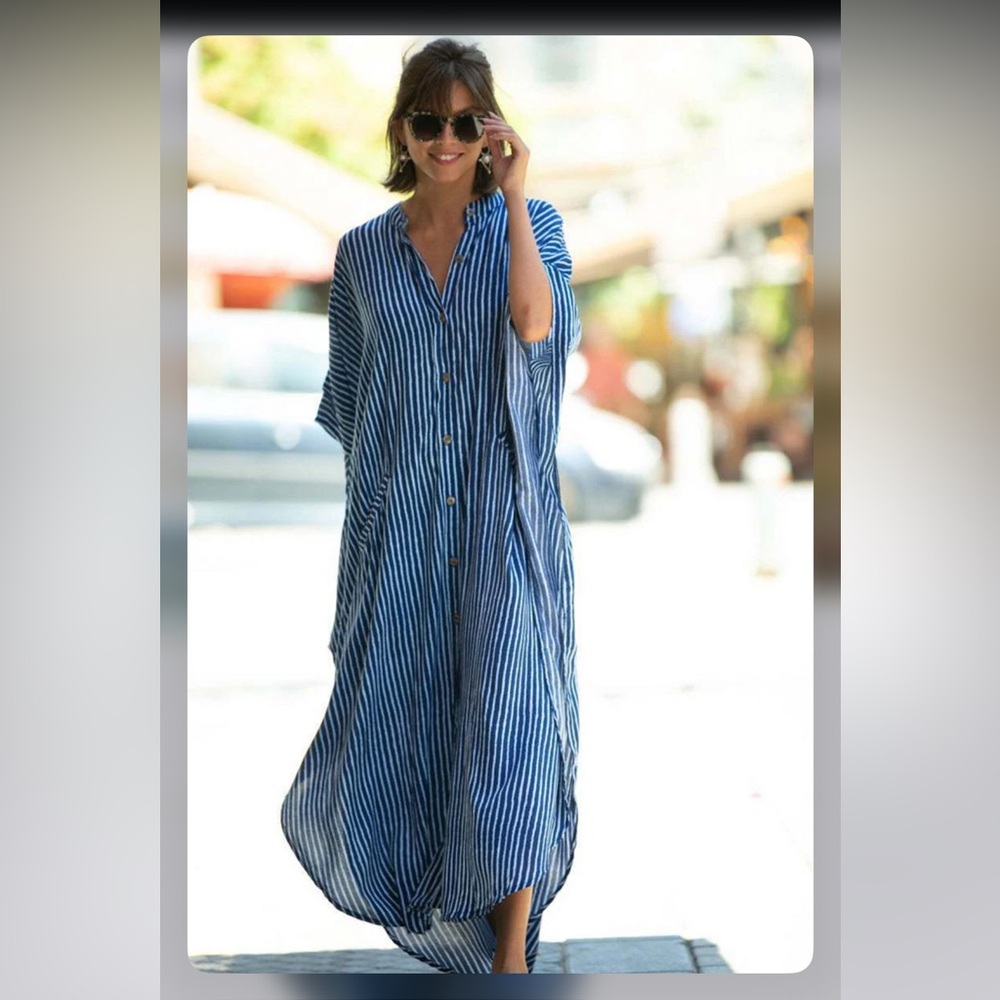 Casual Striped Wide Sleeve Oversized Draped Button Down Maxi Cover Up